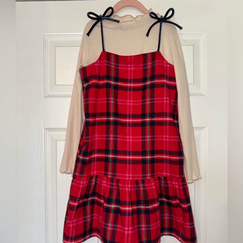 Girls Red Plaid Dress with Cream Long Sleeves & Bow Straps